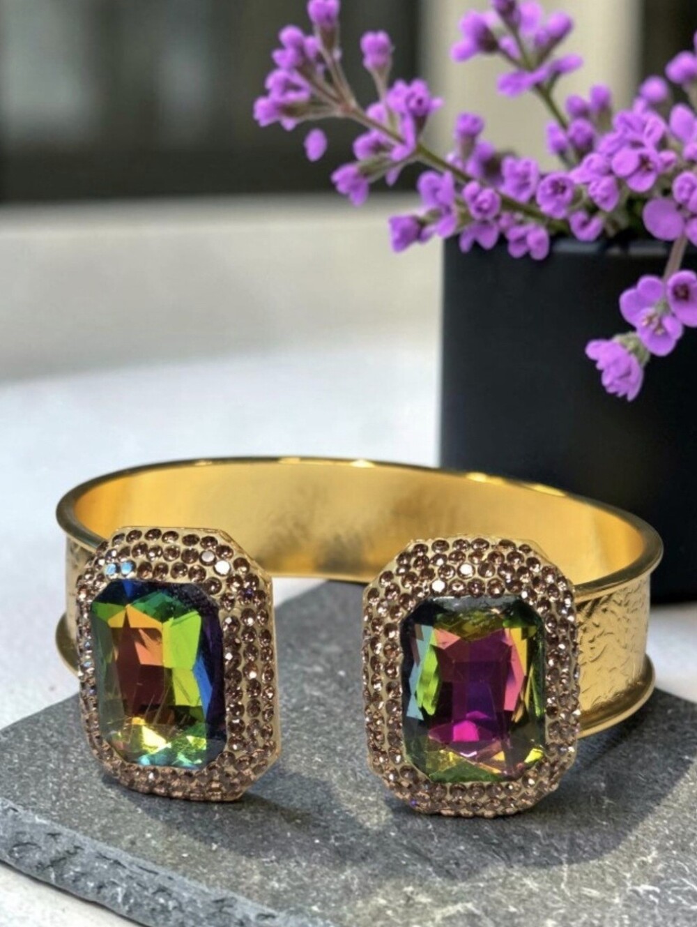 Chunky Gold Textured AB Aurora Borealis Watermelon Volcano Crystal Cuff Bracelet